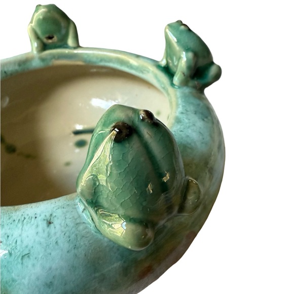 Majolica Style Round Pottery Planter 5 Frogs Bowl Turquoise Brown Drip Glaze - Picture 4 of 7